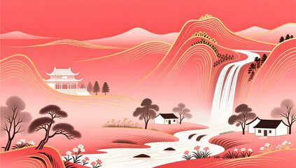 Vermilion Gradient Landscape Interior Painting Elegant and Soft