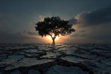 Silhouette of a solitary tree against a sunset sky over a cracked earth landscape in golden hour