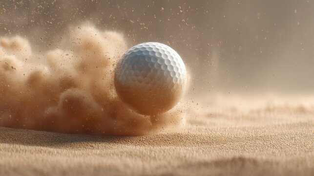 Golf Ball Emerging from Sand in a Dramatic Moment of Action Capturing the Thrill of the Game and the Unpredictable Elements of Outdoor Sports