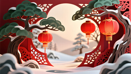 Winter lantern and pine scene for Dahan
