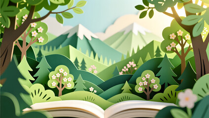 Spring Forest with Sunlight and Layered Hills