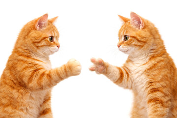 Two Ginger Cats Playing Rock Paper Scissors on White Background