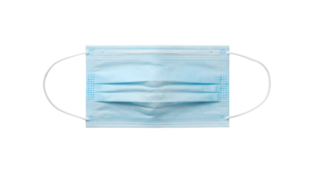 Light blue surgical mask on black shows detail. Product photography for healthcare, safety, and hygiene visuals.