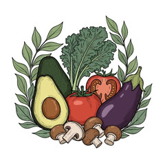 Hand-Drawn Fresh Organic Vegetables and Botanical Leaves Illustration for Healthy Eating and Culinary Design