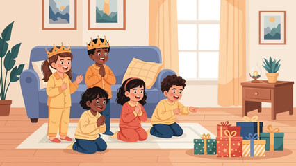Children in Pajamas Praying Around Christmas Gifts