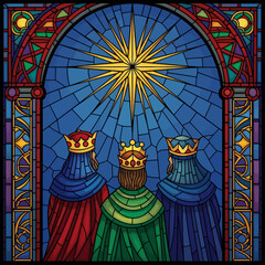 Majestic Stained Glass Art of Three Kings Following a Guiding Star