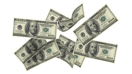 Stack of $100 bills floating in mid-air on white background