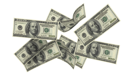 Stack of $100 bills floating in mid-air on white background