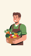 Farmer Holding Crate Full of Freshly Harvested Organic Vegetables and Garden Produce