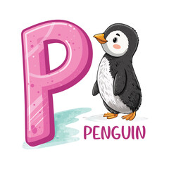 Cute Penguin Illustration with Letter P Alphabet