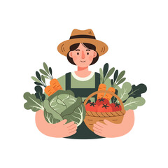 Happy Gardener with Fresh Organic Vegetable Harvest Illustration