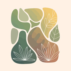 Modern Abstract Botanical Design with Earth Tones and Minimalist Leaf Illustrations