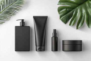 Black skincare products with tropical leaves on white background