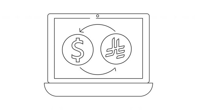 A laptop screen shows a currency exchange between dollars and a less familiar currency