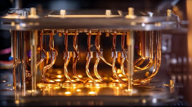 Cinematic close-up of golden quantum computer circuitry and intricate wiring inside advanced supercomputer