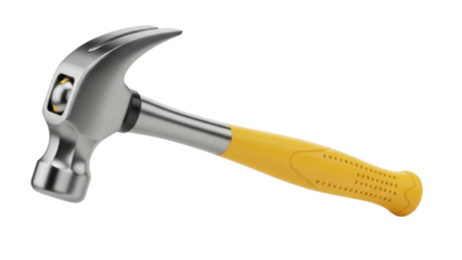 Isolated claw hammer with yellow rubber handle for fastening and repair jobs; tool item