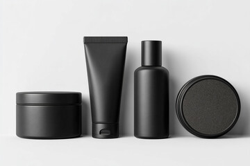 Minimalist black skincare products on white background