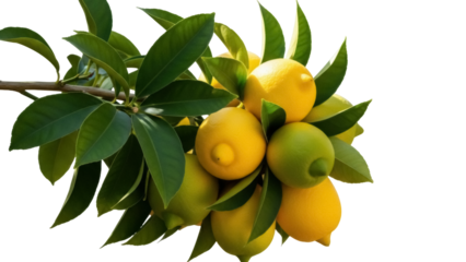 Isolated bunch of lemons on branch with fresh green leaves, natural light, vibrant, healthy