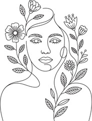 Decorative Botanical Female Face Line Art