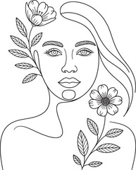 Minimal Botanical Woman Face Line Illustration