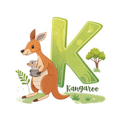Kangaroo and Joey Illustration with Letter K Alphabet