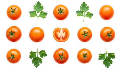 Isolated arrangement of fresh cherry tomatoes and parsley, vibrant colors, studio shot