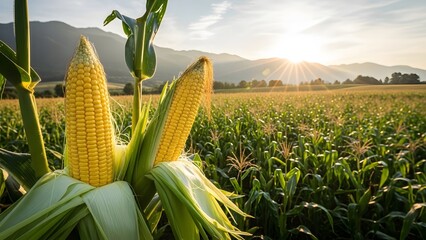 Golden hour over a lush cornfield with ripe ears under a beautiful sunset sky