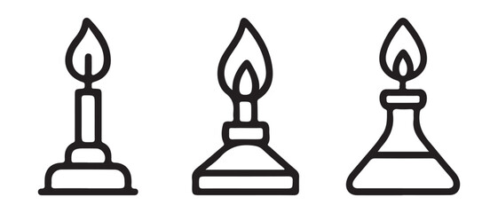 Set of laboratory burner icons. including candle, bunsen burner, and alcohol lamp isolated on white background.