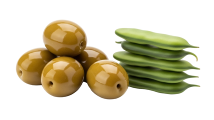 Isolated pile of green runner beans and green olives on a neutral surface for food projects