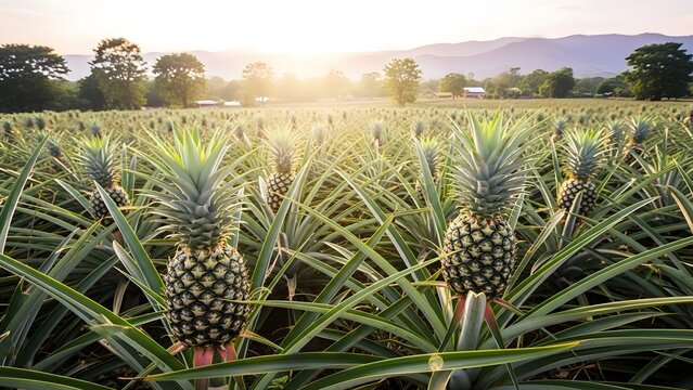 Golden hour glow over a vast tropical pineapple plantation at dawn or dusk