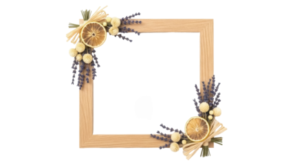 Isolated rustic frame adorned with lavender and dried lemon slices for graphic design projects