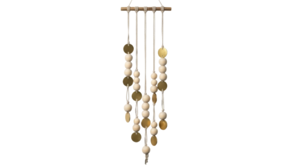 Isolated rustic wall decor art with wooden beads and golden metal discs on strings home