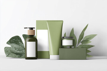 Natural skincare products with green packaging and leafy elements