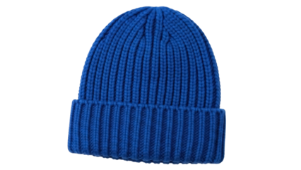 Isolated blue wool beanie hat, knitted warm winter headwear clothing, head covering accessory