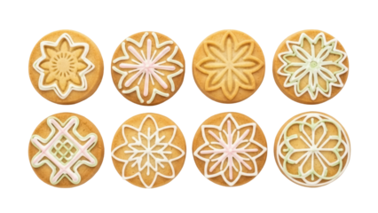 Isolated set of fancy decorated shortbread cookies, variety of designs, fresh baked
