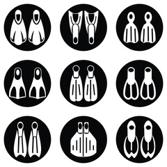 Vector set of swimming flippers and diving fin icons in outline, flat, and black silhouette styles for scuba diving and snorkeling © MDBIPUL