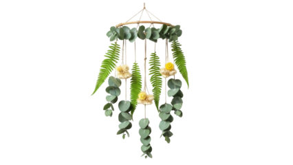 Isolated eucalyptus mobile with fern and dried flowers, nursery decor, boho style, dreamy