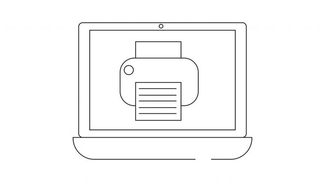 A laptop shows a printer image on its screen with paper sheets ready for printing