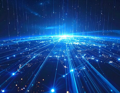 Futuristic digital world with glowing lines and points - Powered by Adobe
