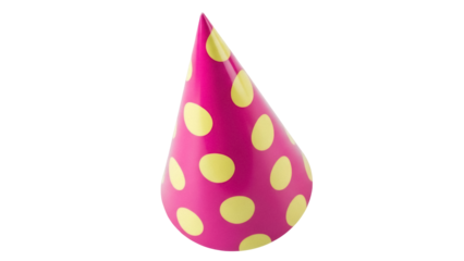 Isolated party hat in pink with yellow polka dots for birthday or celebration event