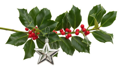 Isolated sprig of holly with red berries and a shiny silver star ornament decoration