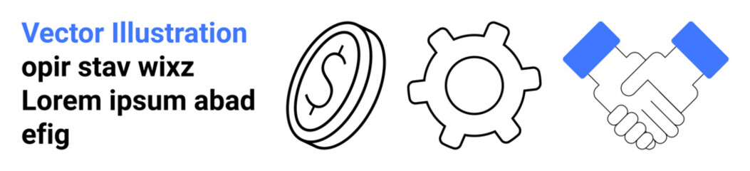Obraz premium Business development, teamwork, financial growth, partnership, operations, collaboration. Coin symbol, gear and handshake icons. Business development and teamwork