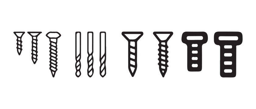 Assortment of common screws and drill bits vector illustration for hardware and construction.