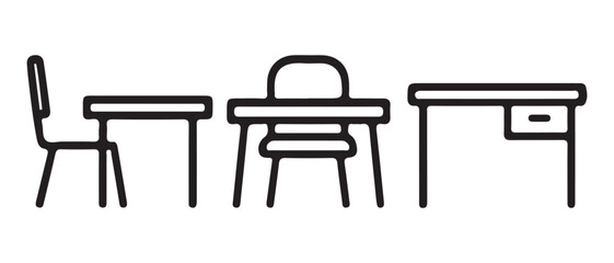 Minimalist outline icon set featuring a chair, table, and office desk with a drawer.