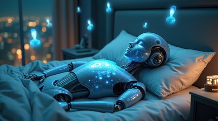 A serene humanoid robot lies peacefully in a futuristic bed, illuminated by a gentle blue glow as energy particles float around.