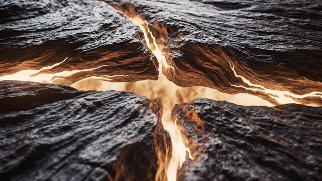 Dramatic cracked earth glowing with molten lava heat and infernal light