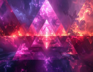 Geometric pink and red layered triangles against a vibrant, fiery sky
