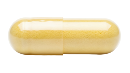 Yellow capsule isolated PNG on transparent background, medicine supplement for health and wellness, pharmaceutical product for medical treatment