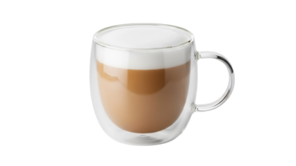 Latte macchiato in a glass cup isolated PNG, layered coffee drink with milk foam on transparent background for cafe menu and beverage design