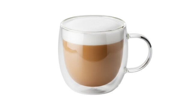 Latte macchiato in a glass cup isolated PNG, layered coffee drink with milk foam on transparent background for cafe menu and beverage design